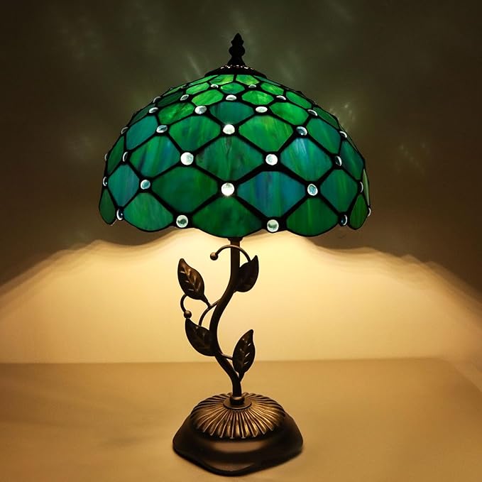Stained Glass Table Lamp, Blue Green Style Metal Leaf Base Desk Reading Light 12X12X19 Inches Decor for Bedroom Living Room Office