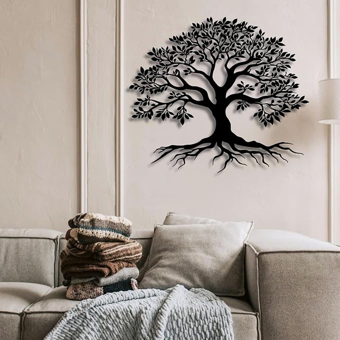 VTHTA Large Tree of Life Metal Wall Art,Tree Wall Sign for Living Room Bedroom Indoor Outdoor Garden Home Decoration (Black, 47" Wx41 H/120x105cm, Metal Wall Art)