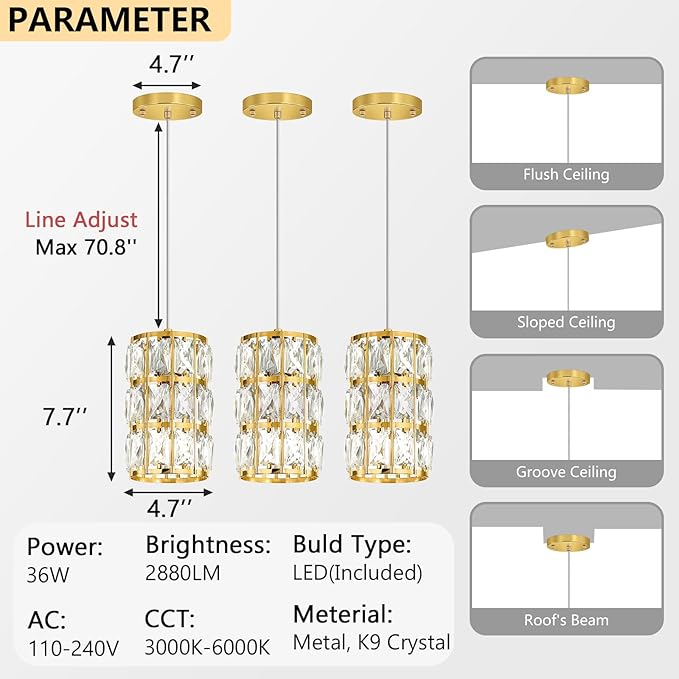 3 Pack Modern Crystal Pendant Lights for Kitchen Island LED Dimmable Glam Pendant Lighting Chandelier for Dining Room Hallway Corner Lamp Black