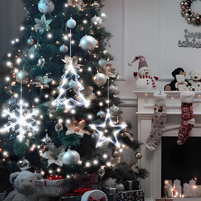 3Pack Christmas Window Lights Decorations with Timer, Battery Powered Hanging White Lighted Snowflake Tree Star Shaped LED Sucker for Xmas Tree Fireplace Indoor Decor