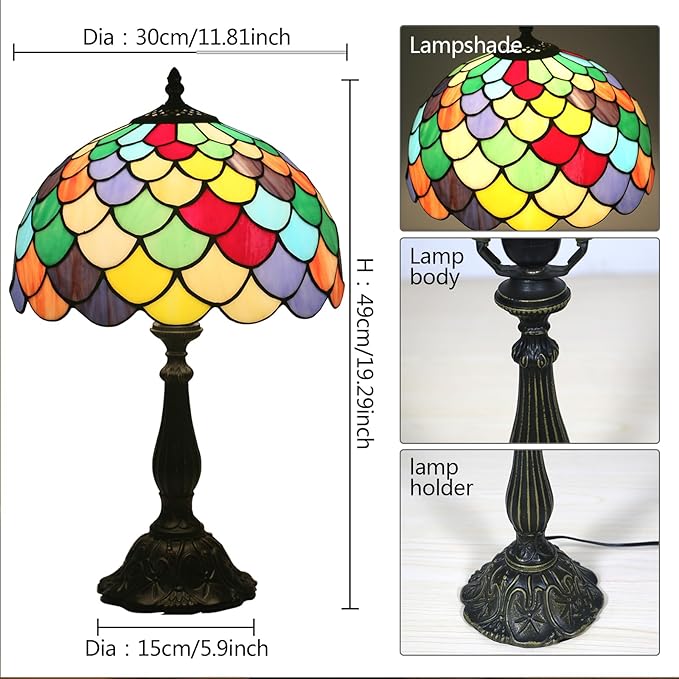 C,Baroque lamp 12 Inches Tiffany Style Stained Glass lamp Vintage Table Lamp for Desk Bedroom, Bedside und Reading Desk Light, LED Bulb Included