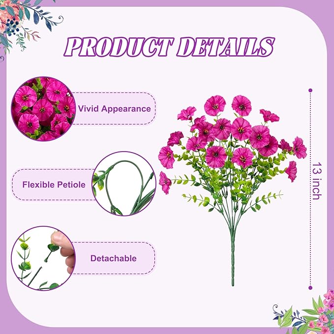 Artificial Flowers for Outdoors Decoration, 10 Bundles Fake Plastic Flower Plant, Faux Colorful Silk Morning Glory Eucalyptus for Outside Garden Porch Front Door Decor, Purple