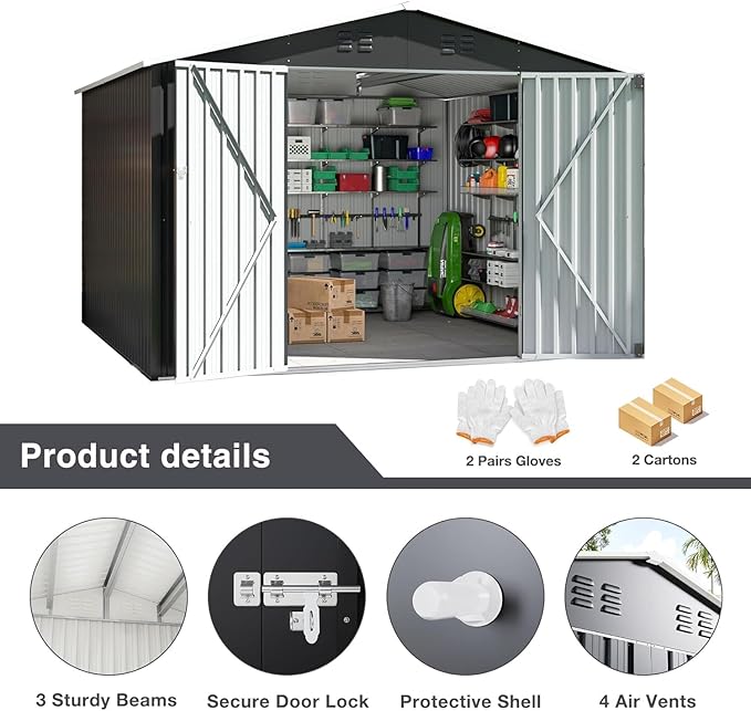 Polar Aurora 10x10 FT Outdoor Storage Shed, Metal Garden Shed with with Updated Frame Structure, Tool Sheds for Backyard Garden Patio Lawn, Black
