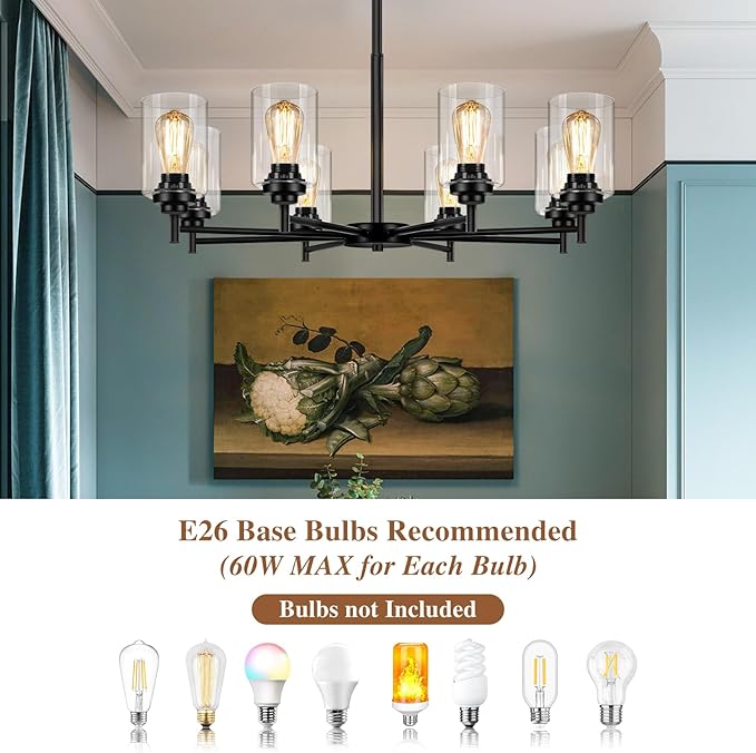 Sucolite 33.5'' 8-Light Chandelier for Dining Room Kitchen Island, Modern Farmhouse Pendant Lighting with Glass Shades Industrial Black Hanging Ceiling Light Fixture for Living Room, Height Adjustable