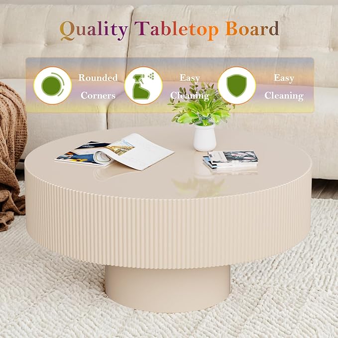 Round Drum Coffee Table, Modern Luxury Spacious Fluted Center Table for Small Space - Home Office Apartment (Lvory White)