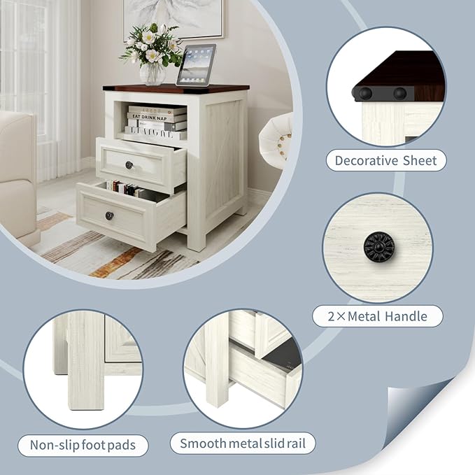 MUUEGM Farmhouse Nightstand with Charging Station, End Tables for Living Room, 18 Inch Bedside Table Side Table with Drawers and Storage Cabinet, Nightstand for Bedroom, White, Set of 1