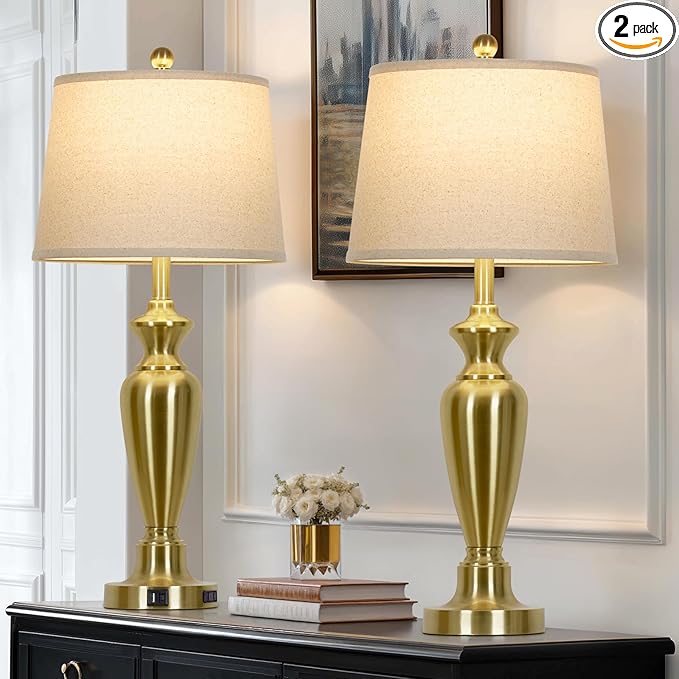 30" Tall Gold Table Lamps Set of 2, Touch Control Bedside Lamp with USB A+C Ports and AC Outlet, 3-Way Dimmable Modern Metal Nightstand Lamp for Bedroom Living Room, 2 LED Bulbs Included