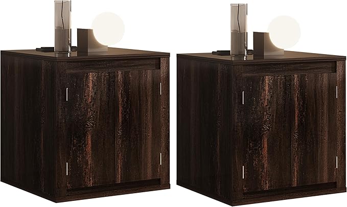 MINCETA End Table Set of 2, Modern Bedside Table with Charging Station and USB Ports, Rustic Wood Square Nightstand with Door for Living Room, Bedroom, Espresso