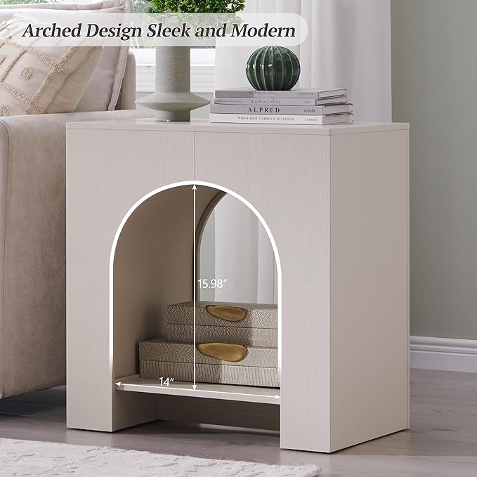 Arched End Table with Type-C Charging Station, 22" Modern Bedroom NightStand with Arched Open Shelf, Night Table with Outlet, USB, Type-C Port for Bedroom, Cream