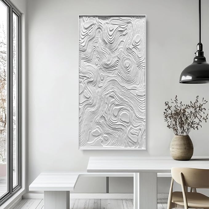 BrightA Large-scale white abstract wall artworks, wood wall decor for living room and office, horizontal wall art three-dimensional relief sandstone hand-painted decorations 23.6"x47.2"