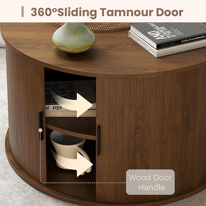 SoarFlash 31.5 Inch Fluted Coffee Table with Storage, Mid Century Modern Round Coffee Table with Shelf, Center Table with Sliding Door and Wood Fluted Handle for Living Room, Walnut