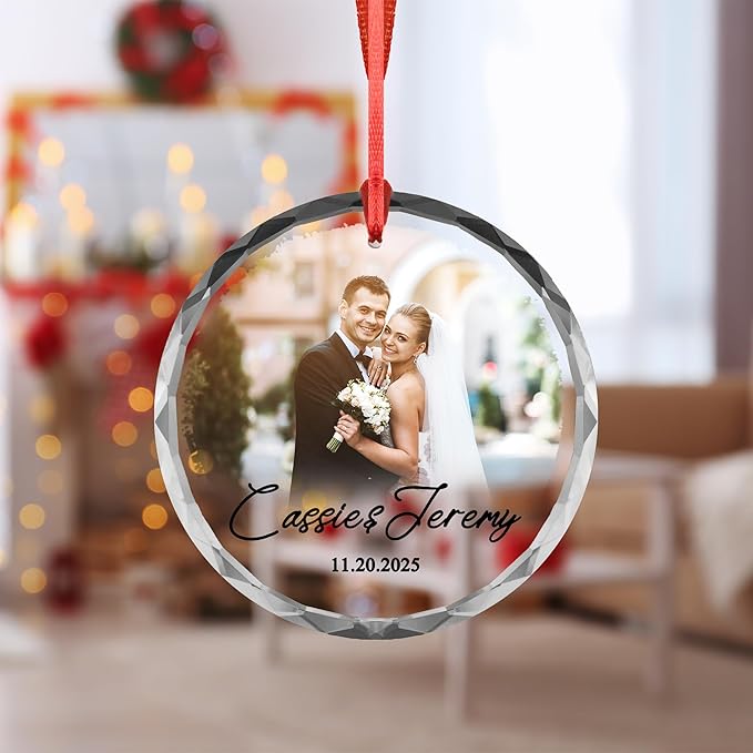 Custom Couple Photo Ornament – Personalized Names & Date Keepsake – Acrylic or Glass Wedding Ornament – Engagement