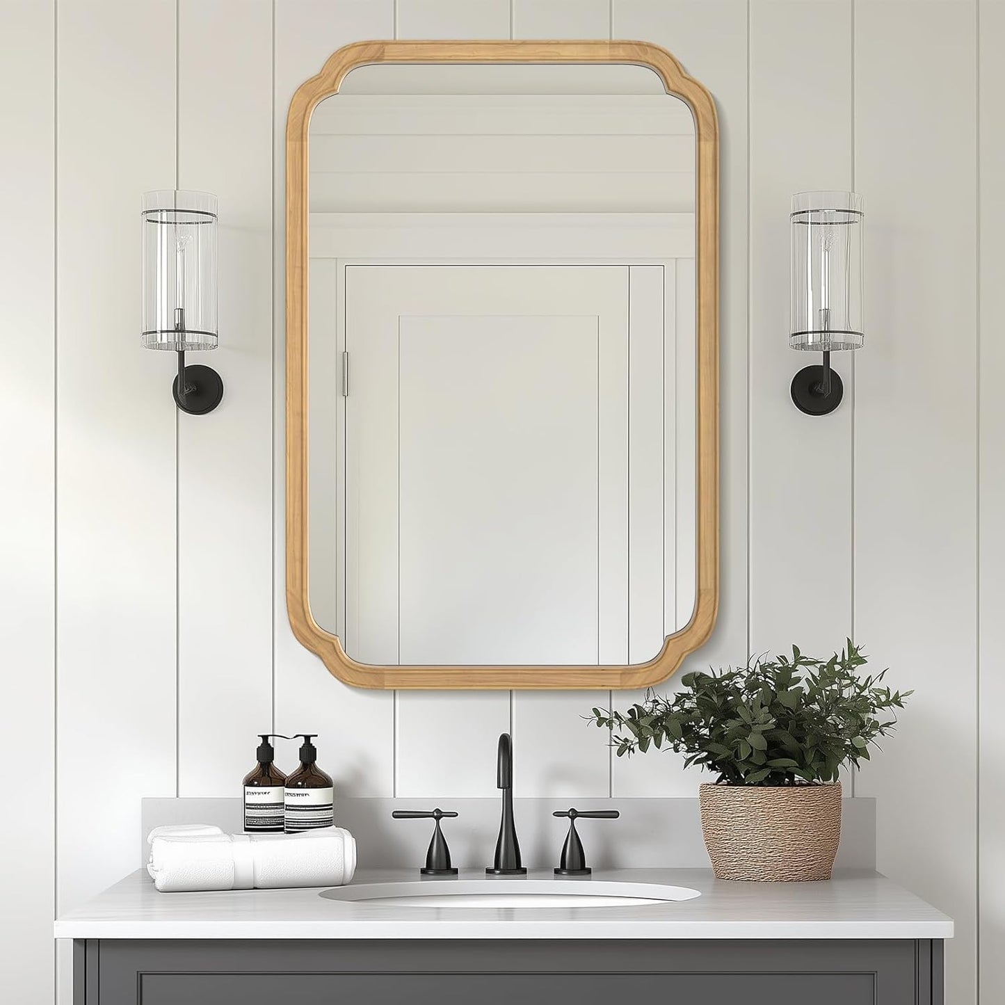 WallBeyond 24" x 36" Rounded Corner Arch Wall Mirror with Wood Frame for Entryway, Living Room or Bedroom Home Decor - Light Woodgrain 24" x 36" Natural Color