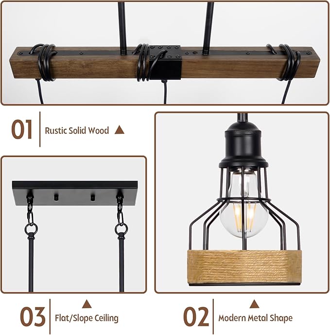 3-Light Dining Room Light Fixture Over Table Chandelier Rustic, Solid Wood Kitchen Island Lighting Fixture Ceiling Linear Dining Ceiling Mount Lamp Modern Metal Lampshade Dining Pendant Light