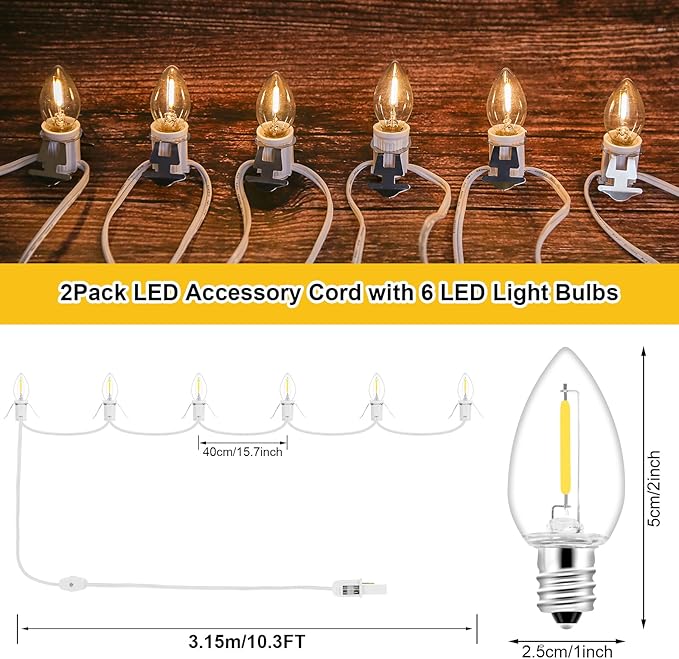 2Pack Accessory Cord with 12 LED Light Bulbs Christmas Village String Light 10.3FT White Cord with Spare Fuse Warm White C7 Lamp for Halloween Pumpkins Christmas Village Houses and Craft Decoration