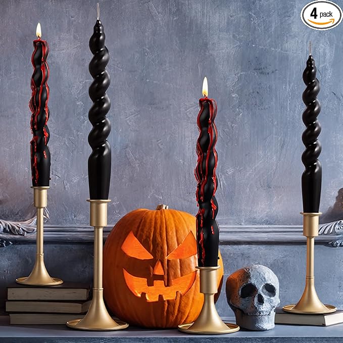 Zhengmy 4 Pcs Black Bleeding Candles Christmas Goth Decor Vampire Tears Spiral Taper Candle Blood Drip Spooky Gothic 7 Inch Twisted Dinner Candlestick for Party Table Decor