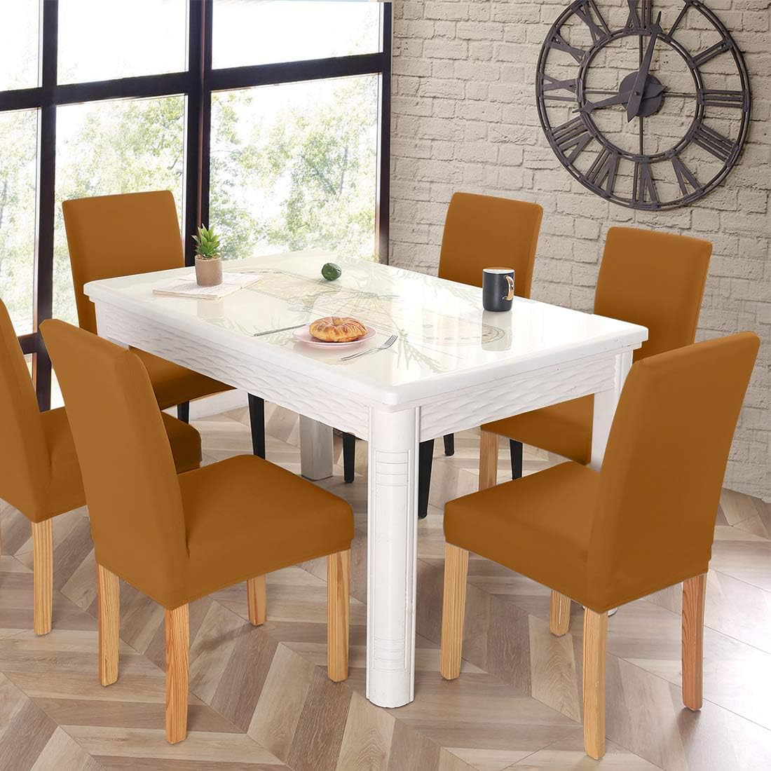 JQinHome 6 Pcs Dining Chair Slipcover,High Stretch Removable Washable Chair Seat Protector Cover for Home Party Hotel Wedding Ceremony (Camel)