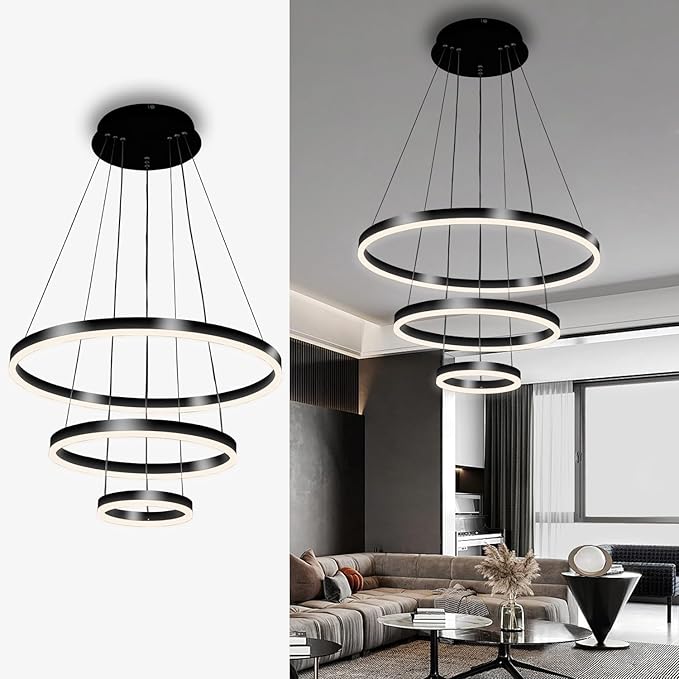 Viruhaka Modern LED Pendant Light, Black Circular Chandelier Fixture, Adjustable Height Circular Entrance Pendant Light, Suitable for Restaurants, Kitchens, Islands, Living Rooms, Cafes, Etc. (4000K)