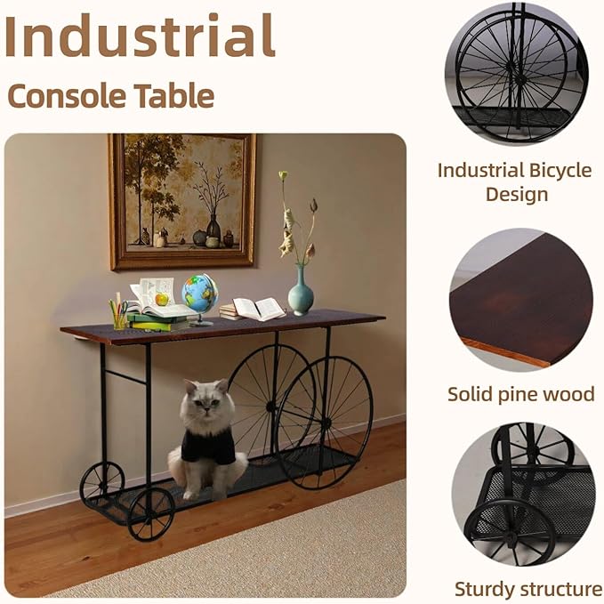 Topower Industrial Style Double Layer Iron Cart Wooden Desktop Center Table, Farmhouse Coffee Table with Wheels for Living Room, Entryway, Coffee Shop, Black