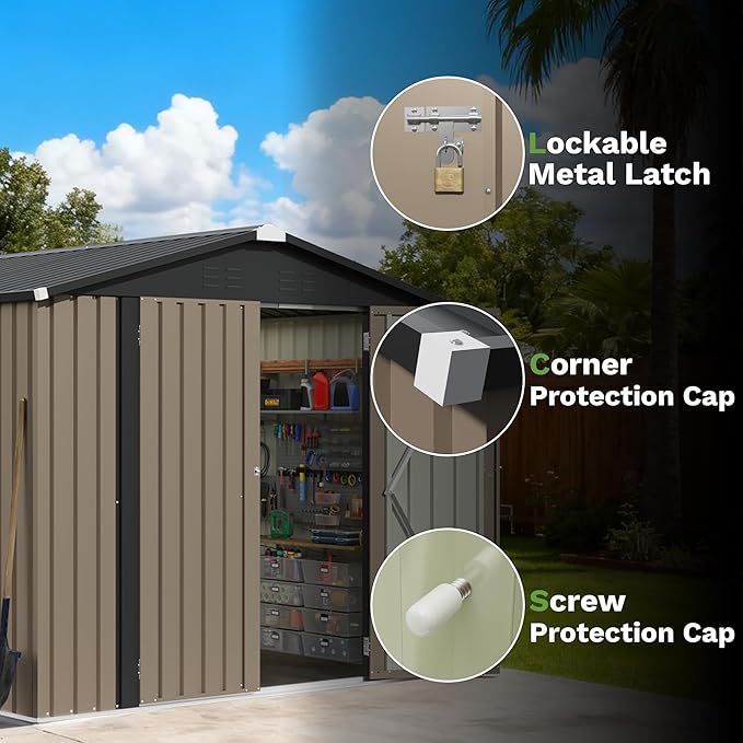Patiowell 8x8 FT Outdoor Storage Shed, Heavy Duty Tool Metal Sheds with Lockable Doors and Updated Frame Structure for Backyard Patio Lawn, Brown
