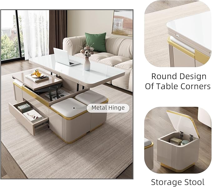 Lift Top Coffee Table with 4 Storage Stools for Living Room, Modern Stylish Convertible Dining Table for 4-6 People, 3 in 1 Multi-Functional Coffee Table, Easy Assembly- White