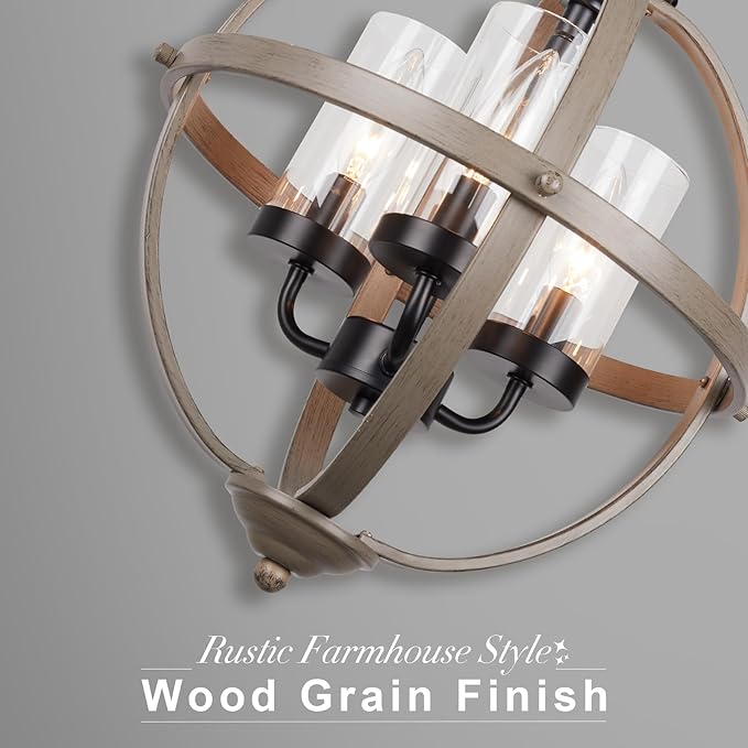 Farmhouse Chandelier, 14" Industrial Rustic Globe Sphere Orb Chandelier Wood Grain, 3-Light for Dining Room Entryway Kitchen Island Foyer