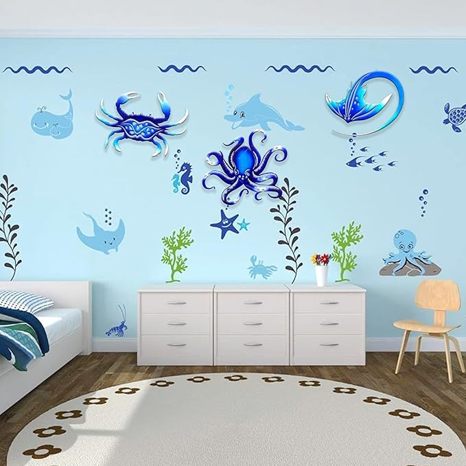 Weibefee Metal Wall Art Decor Octopus Crab Manta Ray Coastal Nautical Ocean Christmas Decor Concise 9'' Set of 3 Hanging Christmas Decorations Gift for Bathroom Beach Indoor Outdoor Pool Home Bedroom Living Room Blue