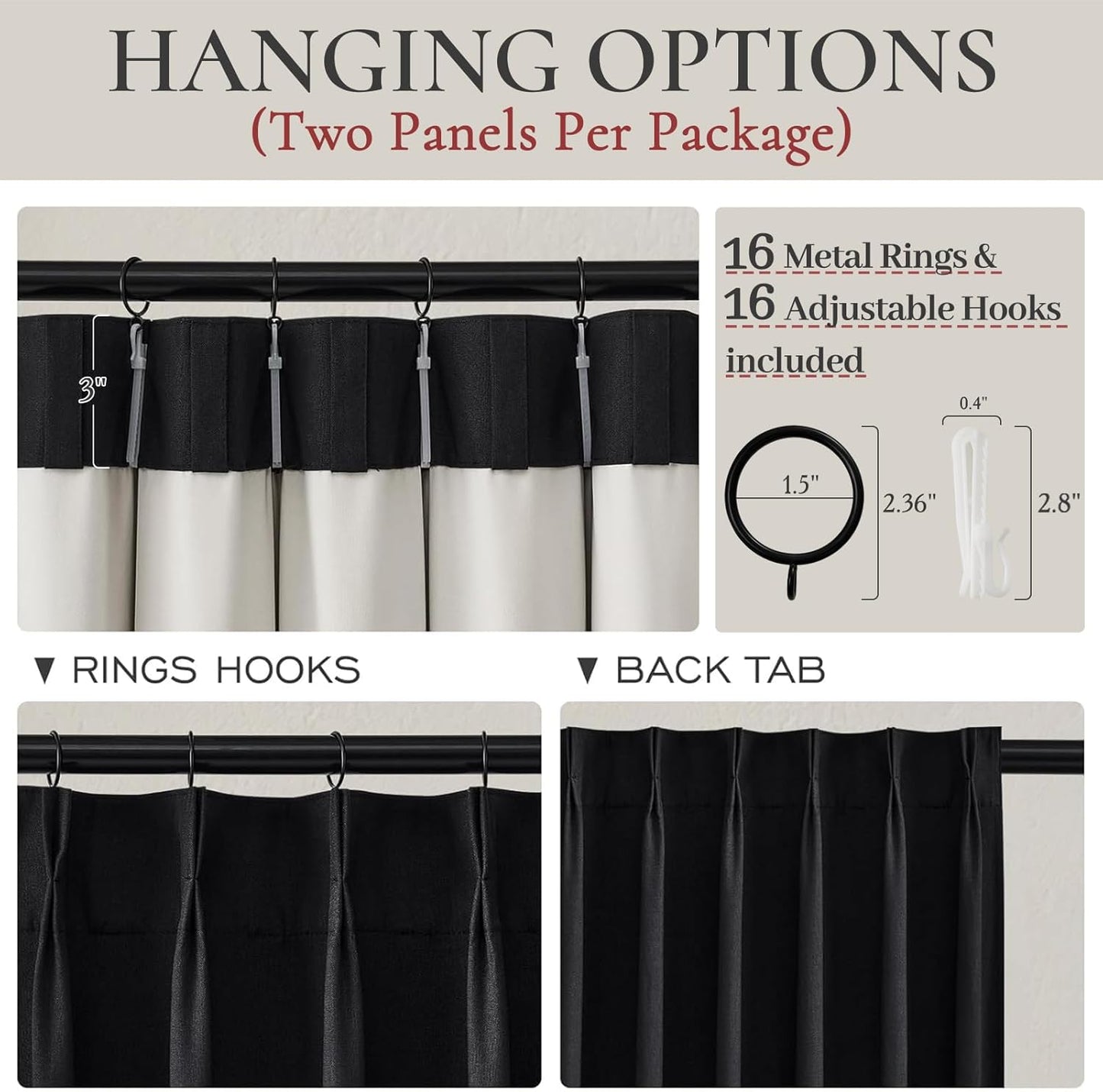 Black Out Kitchen Curtains 45 Inch Length 2 Panels Set, Mini Textured Linen Pinch Pleated Thick Drapes Room Darkening Insulated Black Small Window Curtain with Hooks Rings Back Tab 40"Wx45"L Blackout