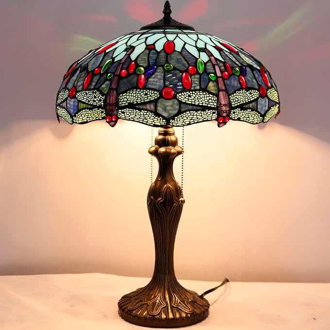 WERFACTORY Tiffany Style Table Lamp Blue Stained Glass Dragonfly Bedside Desk Reading Light Metal Base 16X16X24 Inches Decor Bedroom Living Room Home Office S004 Series
