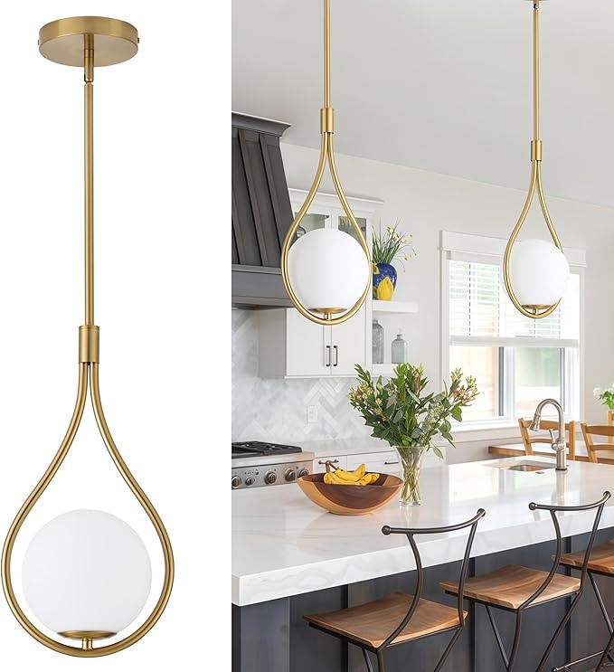 Gold Pendant Lights, 1-Light Pendant Lights Kitchen Island in Brushed Gold Finish with Milky White Globe Glass, Mid Century Pendant Light Fixtures, H9377 MGBG