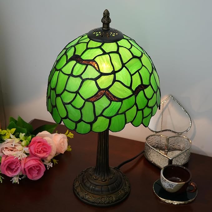 Tiffany Lamp - Green Leaf Stained Glass Table Lamp 8x8x14 Inches - Green Leaf Style Desk Reading Light - Bedroom & Living Room Decor