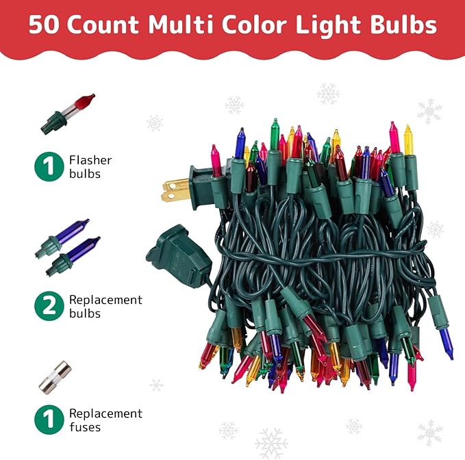 PREXTEX 50 Ct. Multi-Color Christmas Tree Lights with Green Wire - 10 Ft String Lights for Indoor and Outdoor Use - Multicolor Incandescent Christmas Tree Decoration with End-to-End Connectors