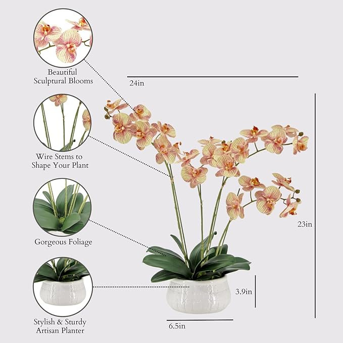 CG Hunter Faux Orange Orchid Plant, Premium Artificial Indoor Flower Display Stands 23”, Beautiful Sculptural Blooms That Lasts Forever, White Planter Pot Included