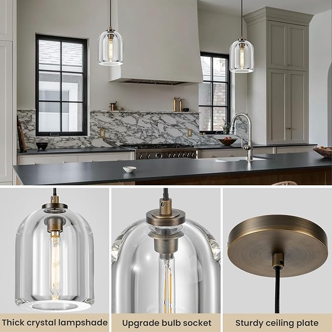 Crystal Aged Brass Pendant Light: Set of 2 Dimmable Antique Copper Hanging Pendant Light Fixtures over Kitchen Island - 5.1” Cylinder Modern Luxury Dining Room Pendant Lighting 3000k e12 Bulb Included