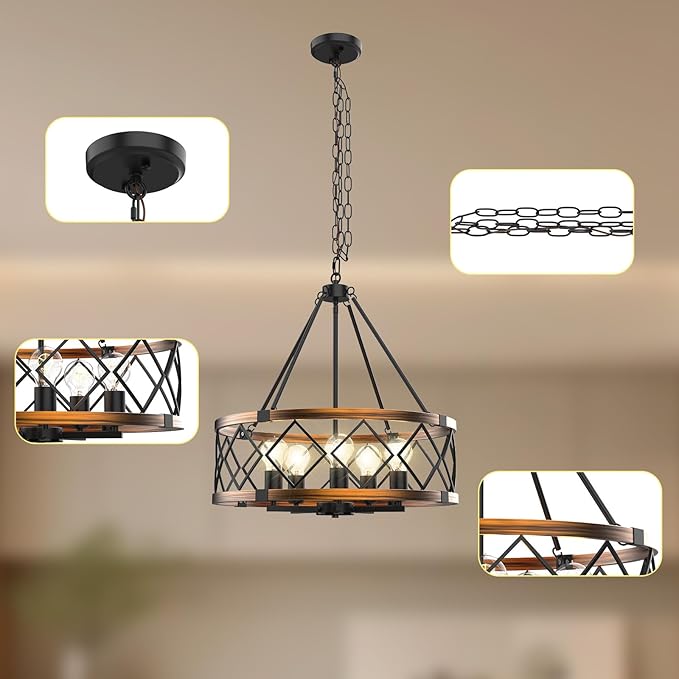 5-Lights Black&Gold Chandelier, Farmhouse Chandelier for Dining Room Lighting Fixture,Metal Hanging Pendant Lights for Kitchen Island Living Room Bedroom and Entryway