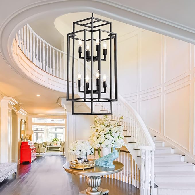 WJShome Modern Black Chandelier, 31.5" Large Chandeliers for High Ceilings, 8-Light Tiered Lantern Pendant Light, Farmhouse Foyer Lighting Fixtures, for Living Room, Staircase, Entryway