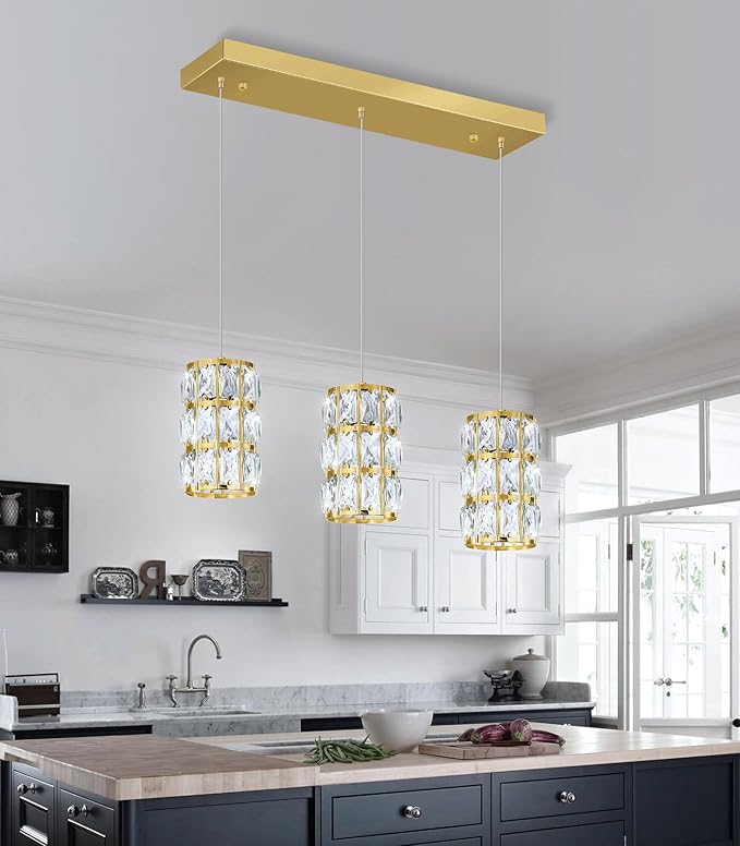 3-Lights Rectangle Modern Crystal Pendant Lights for Kitchen Island LED Dimmable Glam Pendant Lighting Chandelier for Dining Room Hallway Corner Lamp Gold