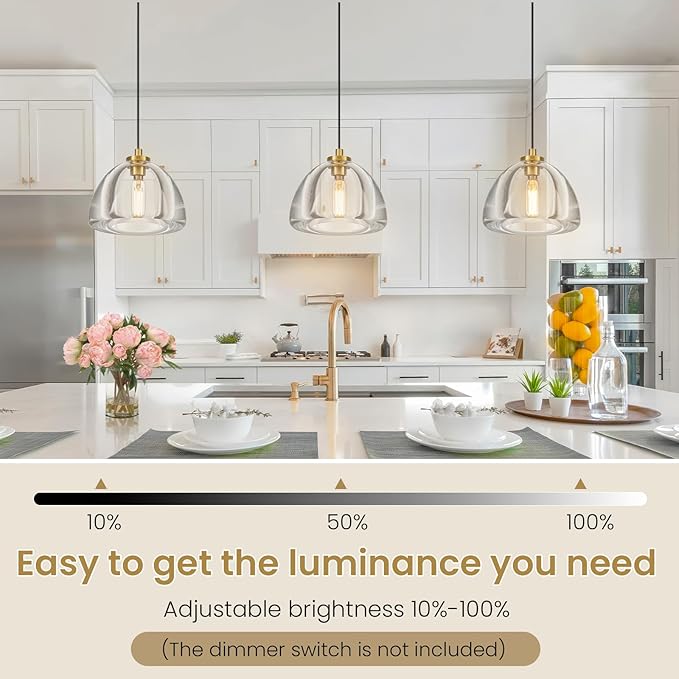 Crystal Pendant Light Kitchen Island: 2 Pack Luxury Brass Hanging Lights - 7" Modern Crystals Hemispher Lighting Fixture over Dining Table - Adjustable Gold Pendants Light for Bathroom Bulbs Included