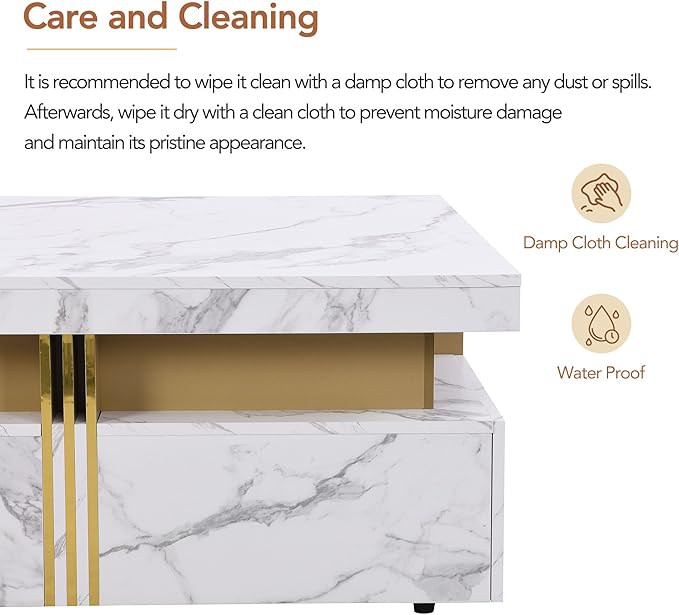 Merax 43.3" Modern Square Storage Coffee Table with 4 Drawers, with Marbling Gold Accents, Functional Center Tables for Living Room Apartment, White