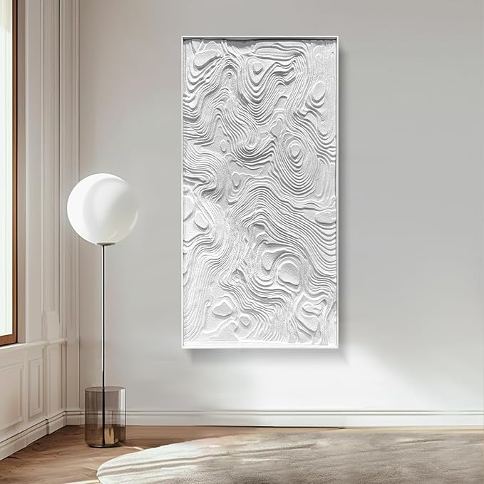 BrightA Large-scale white abstract wall artworks, wood wall decor for living room and office, horizontal wall art three-dimensional relief sandstone hand-painted decorations 23.6"x47.2"