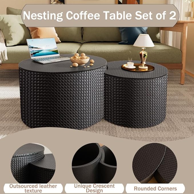 Nesting Coffee Table Set of 2 Modern Round Coffee Table with Hidden Storage Round Side Table Drum Accent End Tables for Living Room, Bedroom (Black)