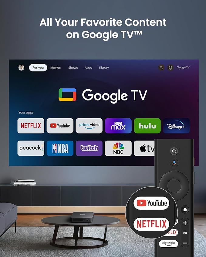 Dangbei Atom Portable Laser Projector, Google TV with Official Netflix, 1200 ISO Lumens, 180" Display, 1080p (4K Input), 3D Ready, Dolby Audio, 1.87" Ultra-Thin Home Theater Projector