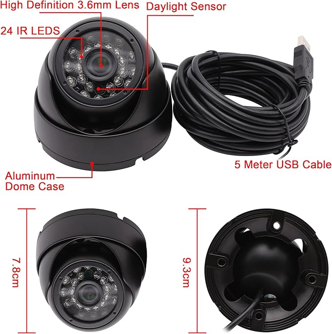 MMlove USB Dome Camera 720P 30FPS Waterproof Night Vision Camera with IR Cut & IR LED,USB Surveillance Security Camera Plug&Play Outdoor/Indoor Metal Housing PC Webcam