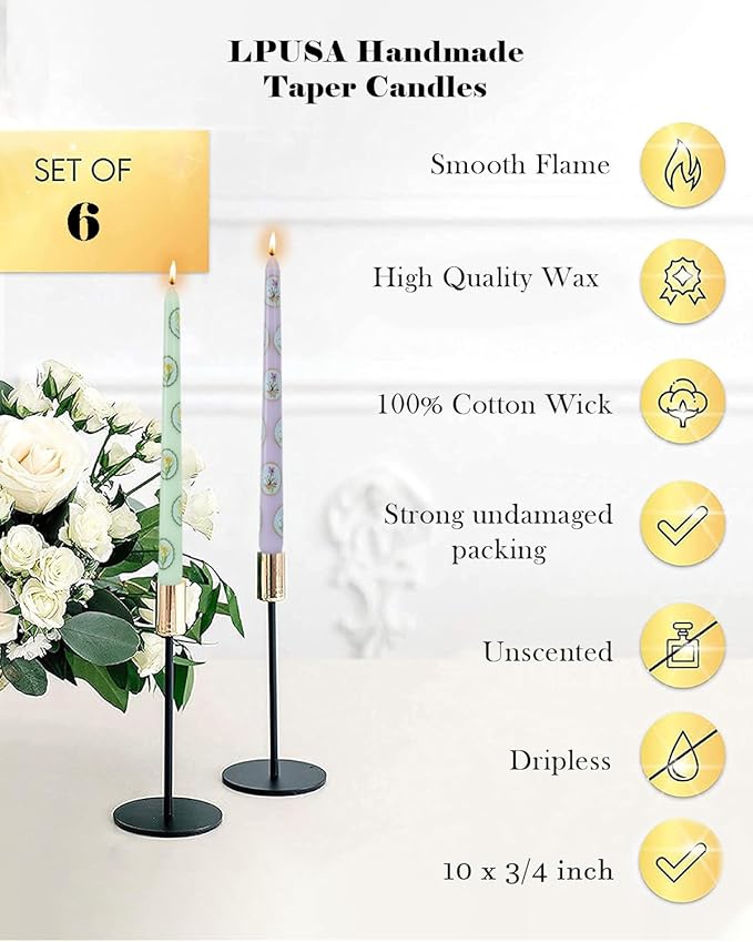 Floral Taper Candle Dripless Colored Tall Candlesticks 10inch Handmade Unscented Long Smokeless Tapered Candle Holiday Party Celebrate-6pcs