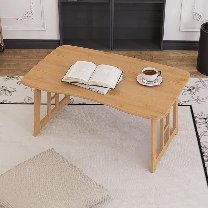 Folding Coffee Table for Living Room, 31.5 in Foldable Floor Table, Bamboo Low Coffee Tables for Small Spaces, No Assembly, Lightweight Simple Storage for Apartment, Sunroom (Wood)