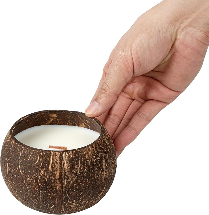 Restaurantware-Coco Casa 3.9 x 2.8 Inch Coconut Shell Candle, 1 Hand Poured Coconut Bowl Candle - Pineapple Papaya Fragrance, Double Wax Blend, Soy Wax Scented, Wooden Wick