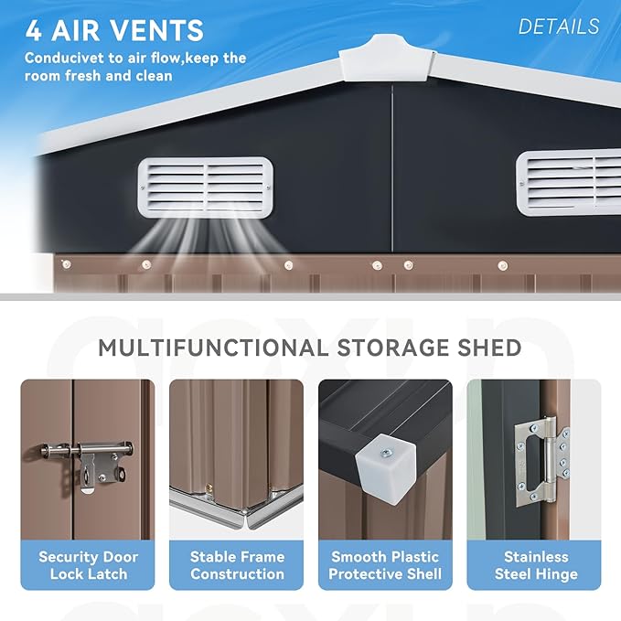 Aoxun 8x6 FT Outdoor Storage Shed - Metal Shed with Lockable Doors & Air Vents, Waterproof Outside Storage Shed for Tool, Garbage Can, Bike, Mower, for Backyard Garden Patio, Brown