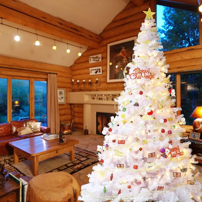 9FT Artificial Christmas Tree, Full Premium Hinged Artificial Pine Tree with Sturdy Metal Stand 1850 Branch Tips,White
