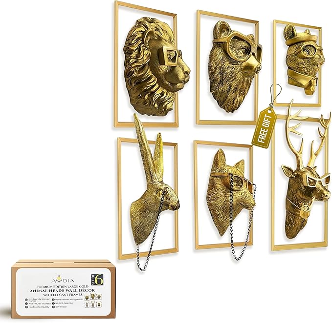 6 Packs Animal Heads Wall Decor with Wooden Frames (Squirell Gift), Large Animal Head, 3D Sculpture, Gift Ready, Easy to Install, Vintage Gold Wall Decor for Living Room, Bedroom, Office or Kitchen