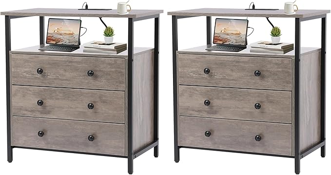3 Wooden Drawers Nightstand, 27 Inch Wide Night Stand Set 2 with Charging Station and Adjustable Drawers, Small Dresser for Closet, Bedside Table for Living Room/Bedroom/Office, Gray.